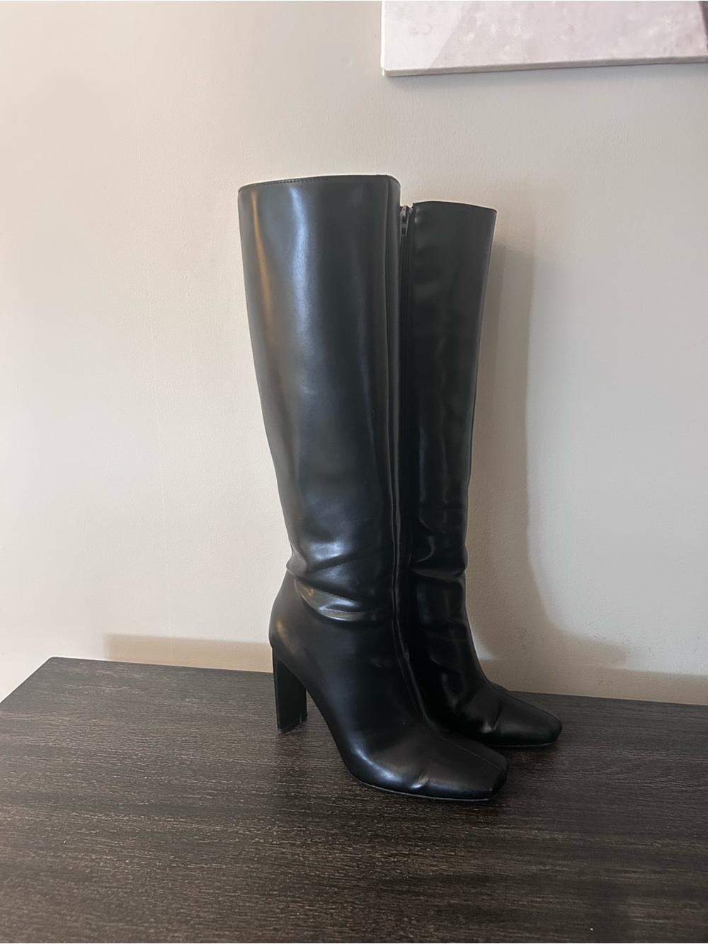 Zara Black Tall Leather High-Heeled Knee Boots - Size 39